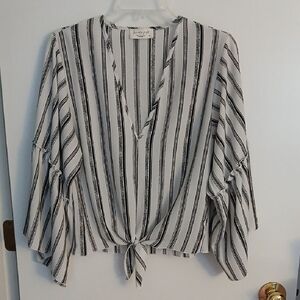 Lavender Field Black and White Tie Front Blouse, Size M